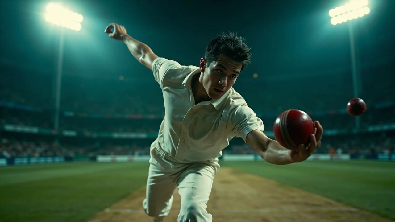 A fast bowler at the instant of a technically correct release under stadium lights