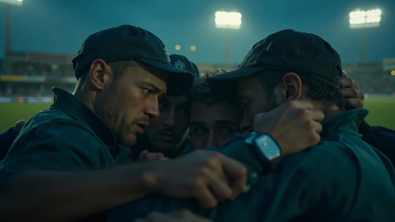 A cricket squad in a focused pre-match huddle at the boundary