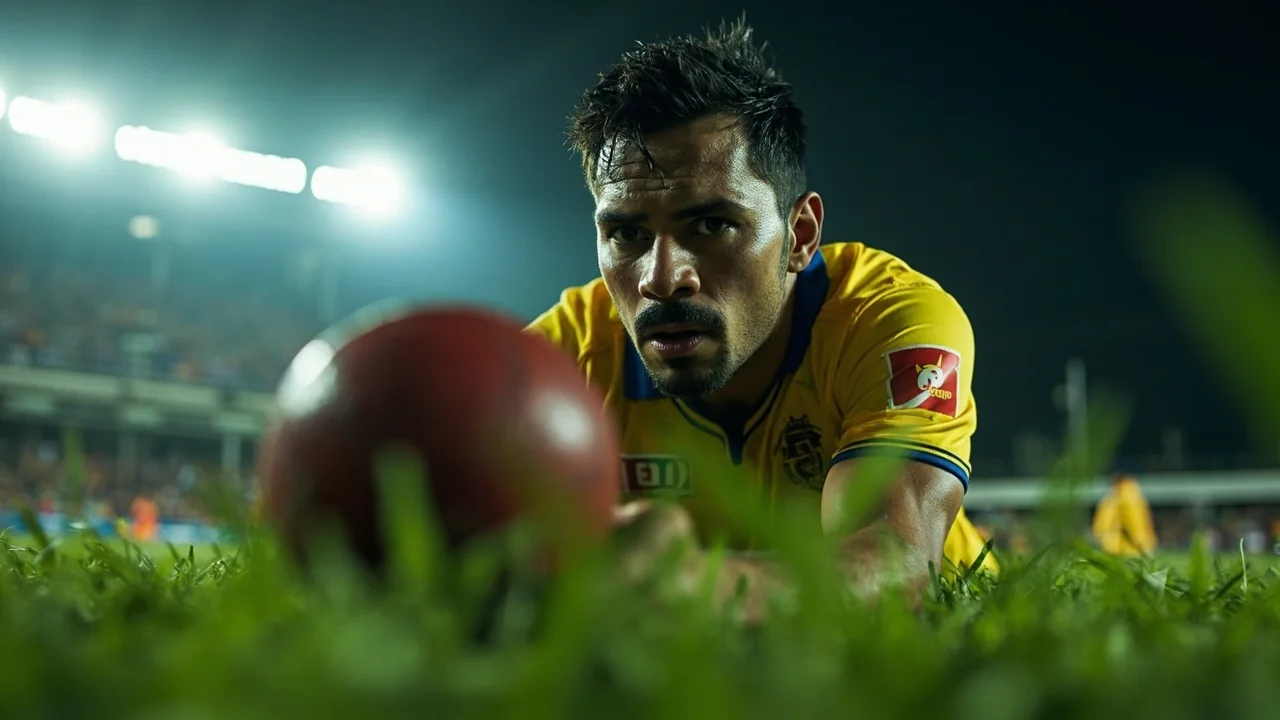 A Lanka Premier League bowler at the crease-side delivery stride with batters and umpire in the background