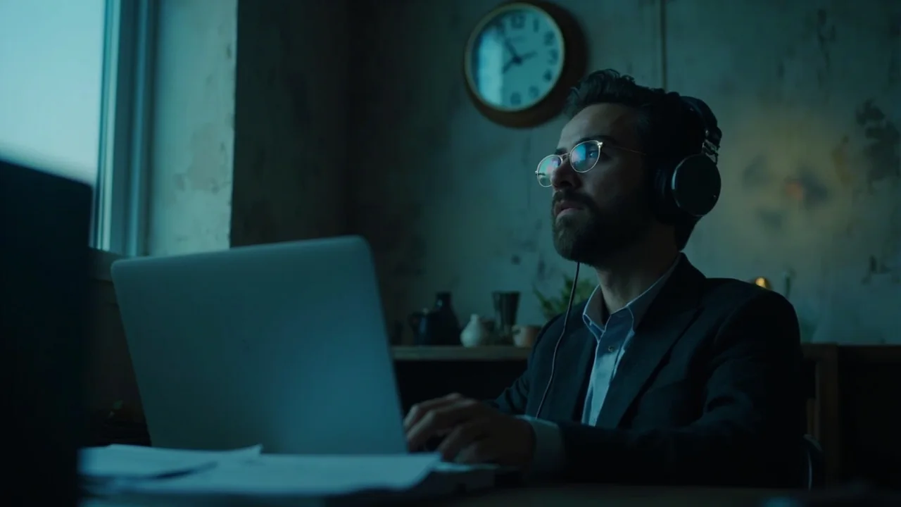 A researcher checking an analog wall clock while listening to stadium commentary