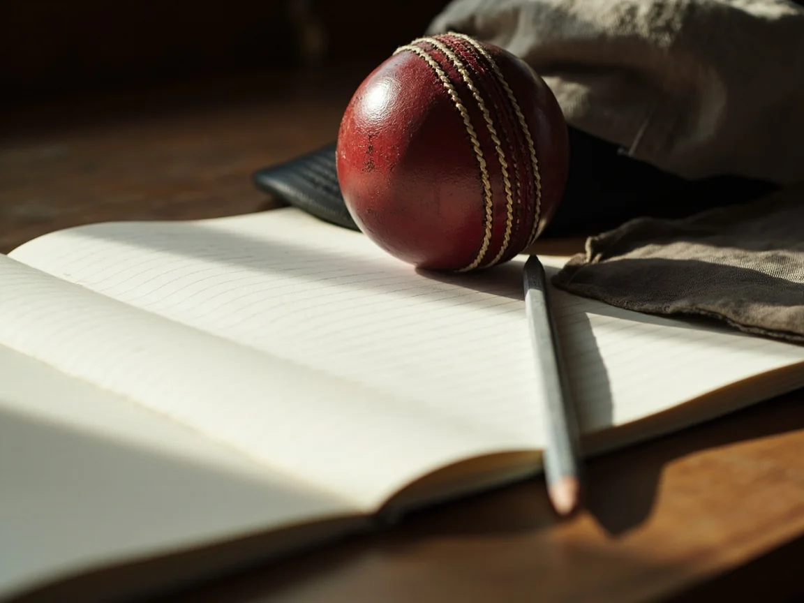 A blank grid notebook, cricket ball, pencil and cap on an analysis desk