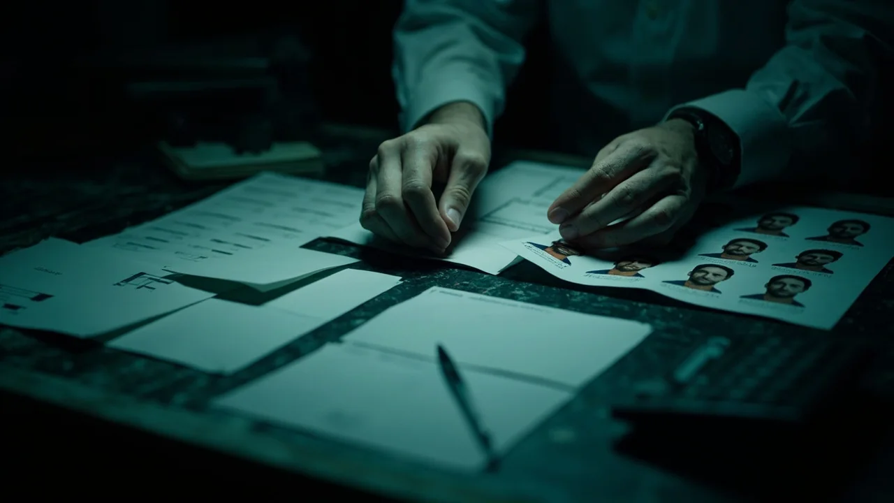 An adult cricket researcher arranging player headshot prints on a dark desk