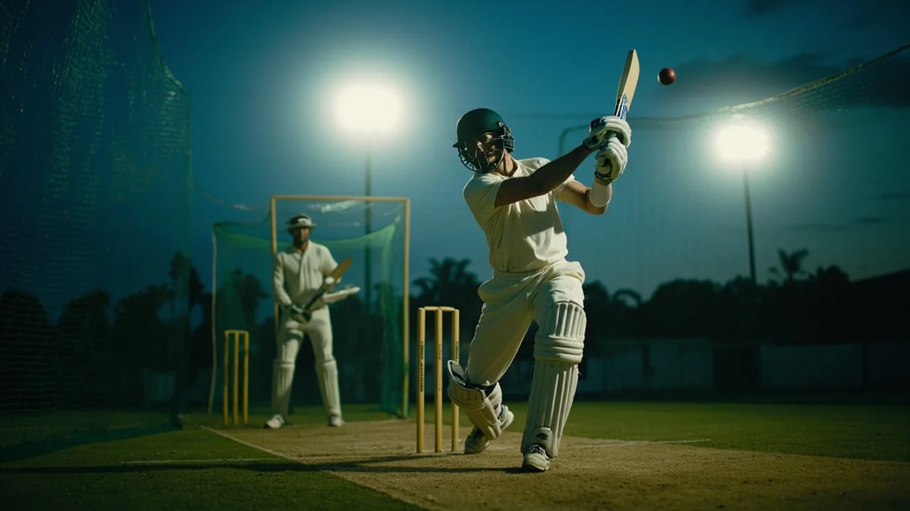 All-round cricketer practicing a controlled lofted stroke in outdoor nets at dusk