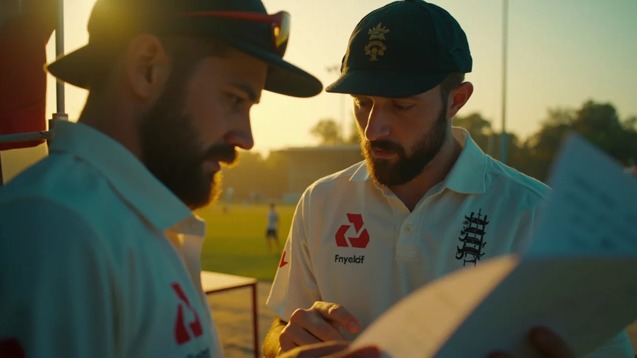 Two players in training kit examining a printed pitch report sheet outside near a sightscreen in late golden hour light