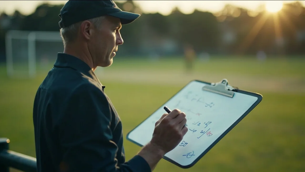 A coach sketching field placings on a whiteboard clipboard near a cricket ground in soft evening light