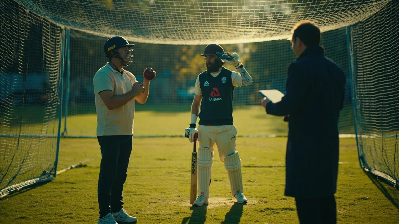 Wide view of a quiet cricket net session in late afternoon light with a batsman facing throwdowns and an analyst with a clipboard at the side
