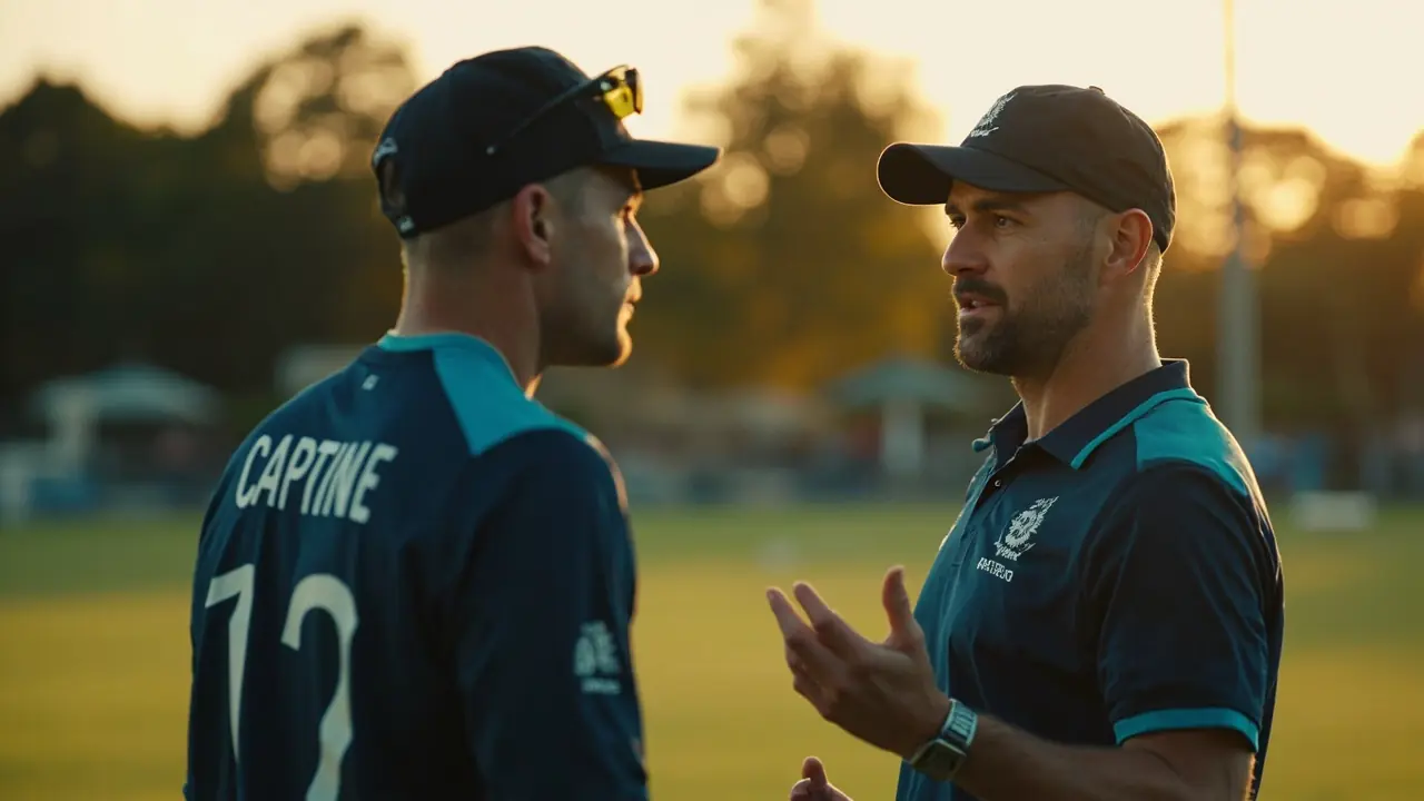 A captain and an opening batter standing at the edge of the square during a net session just before sunset, with the captain gesturing toward an imagined fielding ring