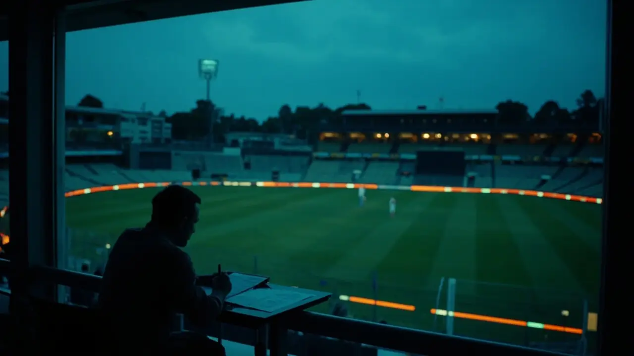 Wide establishing view of a quiet, half-lit domestic T20 stadium at dusk seen from a press-box window, with an analyst at a small desk and a pitch strip in soft focus below