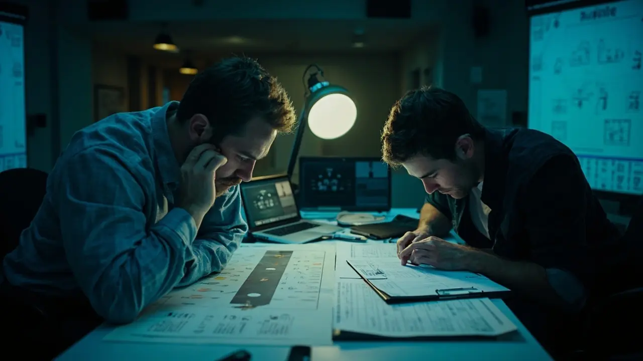 Two analysts at a tactical planning desk, one leaning over a printed team sheet and the other adjusting a small magnetic fielding ring on a tabletop pitch diagram, with laptops and a weather printout on the desk