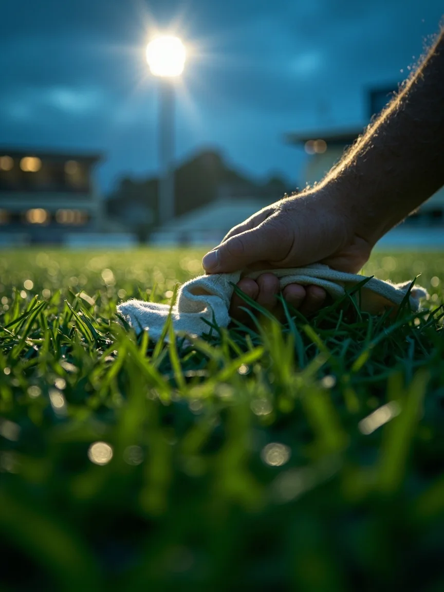 Dew forming on a cricket outfield in early evening