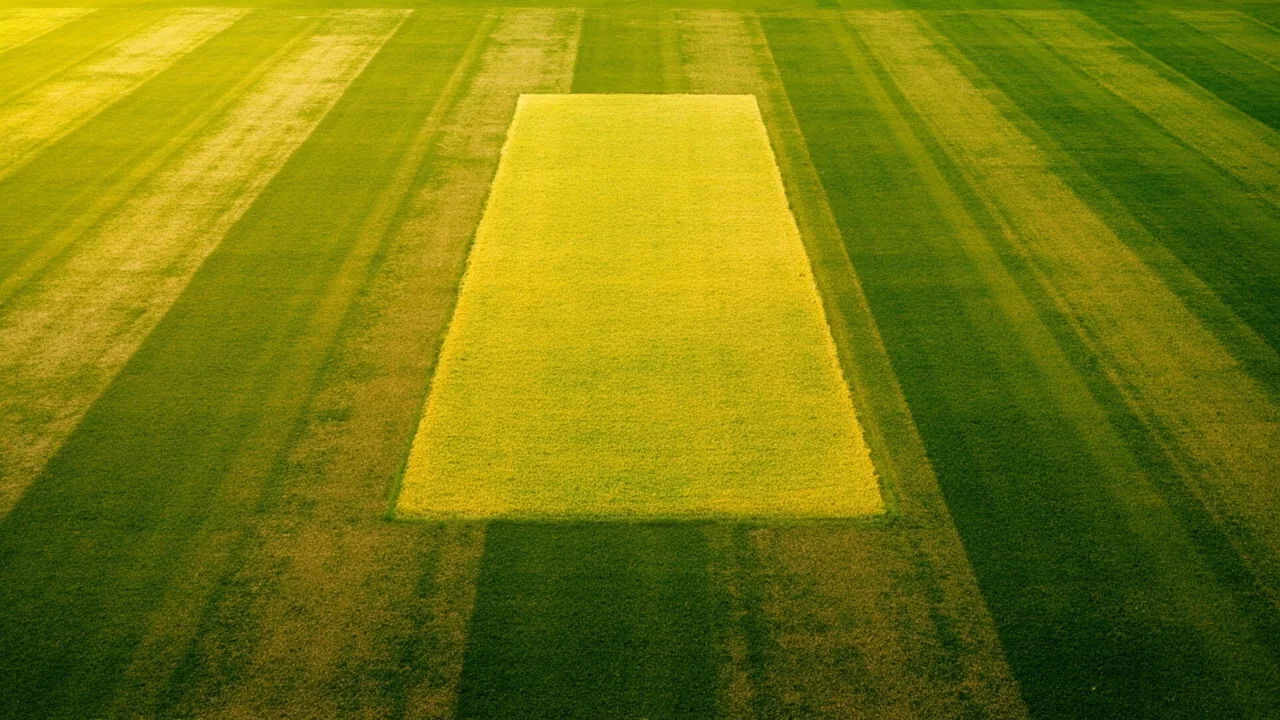 Overhead view of a cricket pitch strip at a stadium