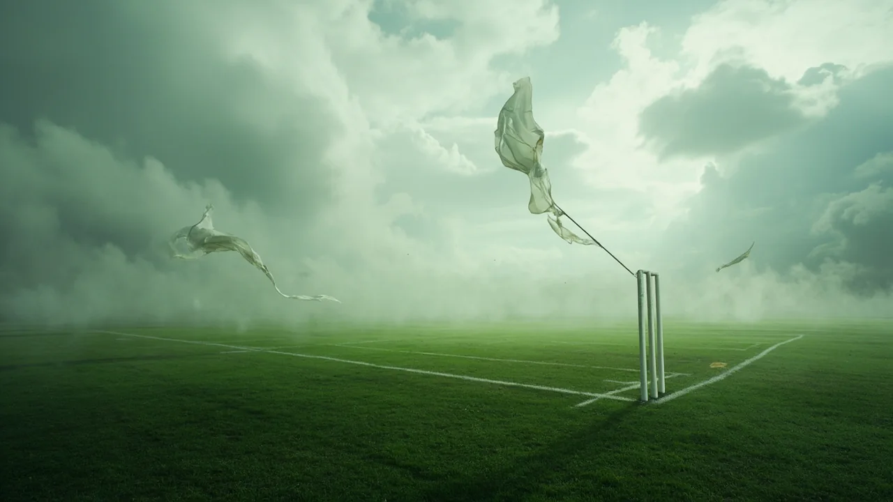 Wind blowing flags at a cricket ground