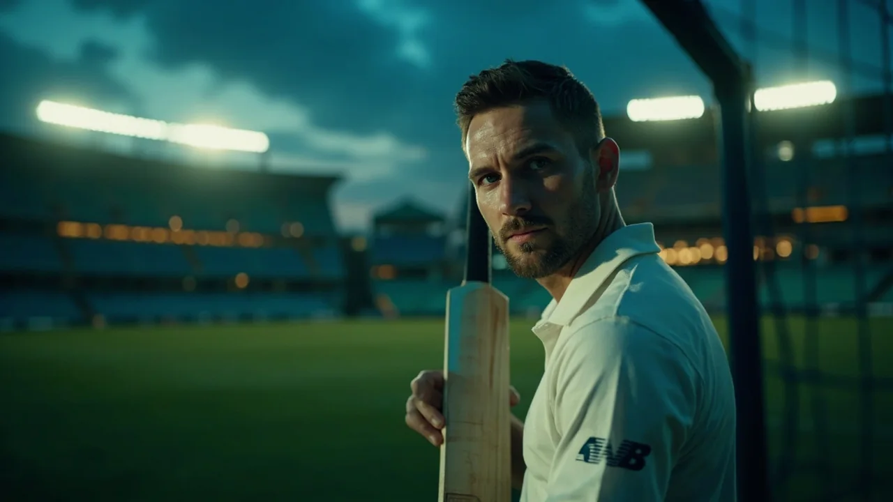 A professional cricketer standing beside outdoor nets with bat resting naturally
