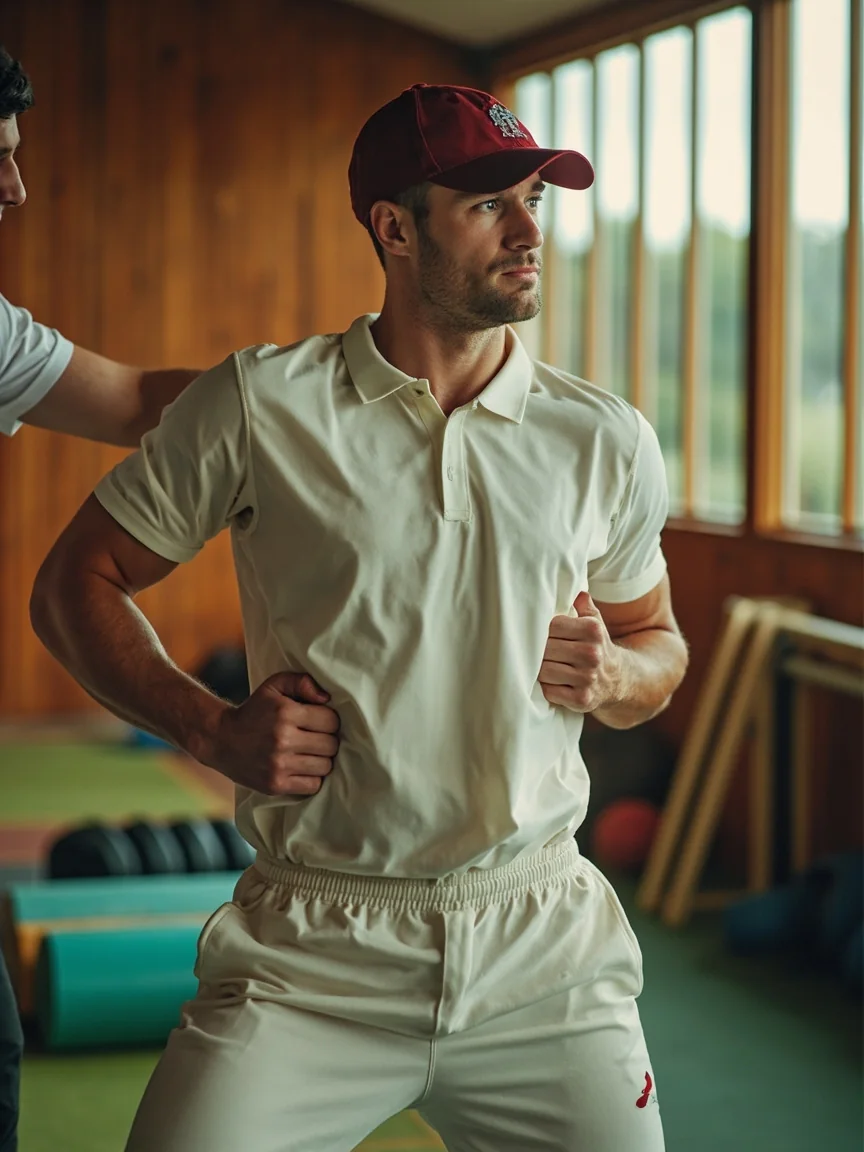 A cricketer completing a supervised post-training recovery stretch in a pavilion gym