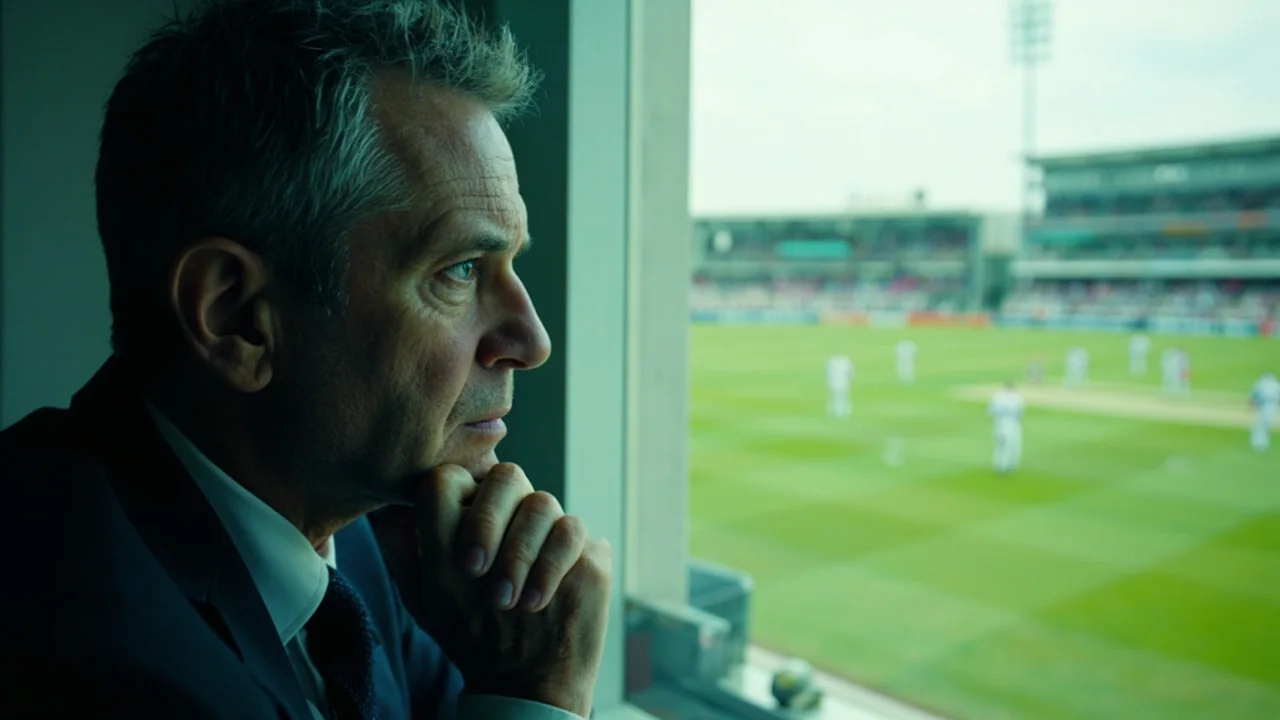 A cricket analyst watching warmups through a press-box window