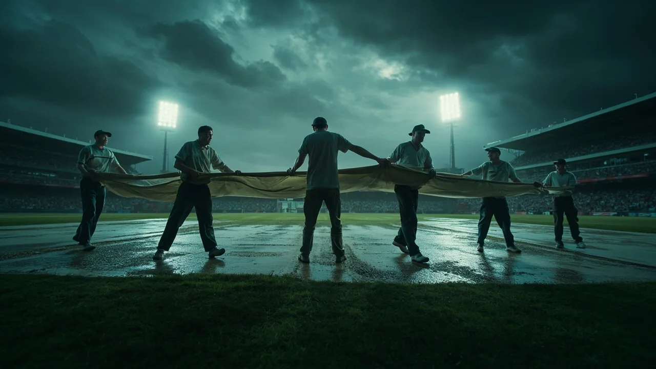Grounds staff pulling covers across a pitch as a rain front approaches