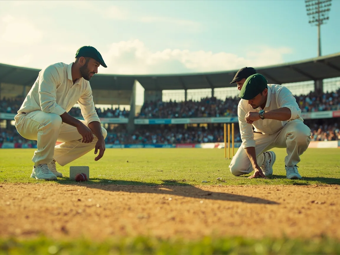 Two captains and a match official examining the pitch before the toss