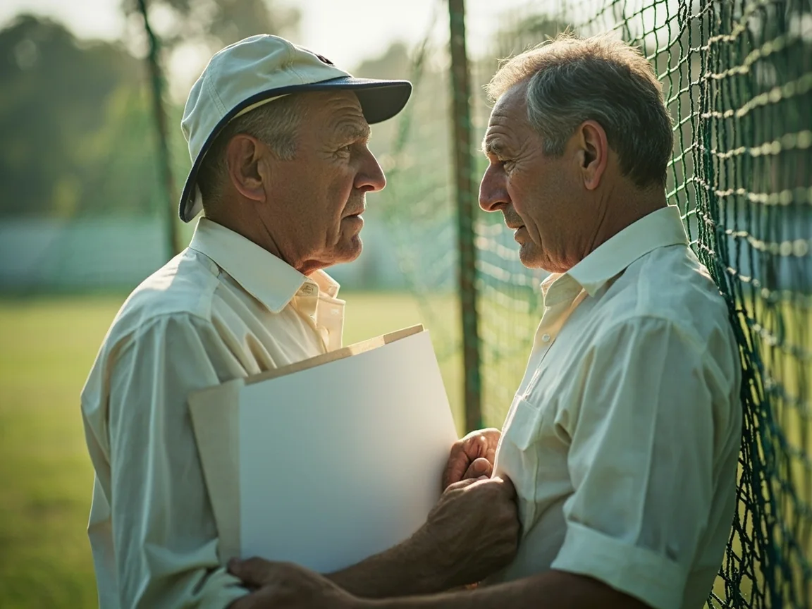 A cricket coach and assistant discussing selection beside the practice nets