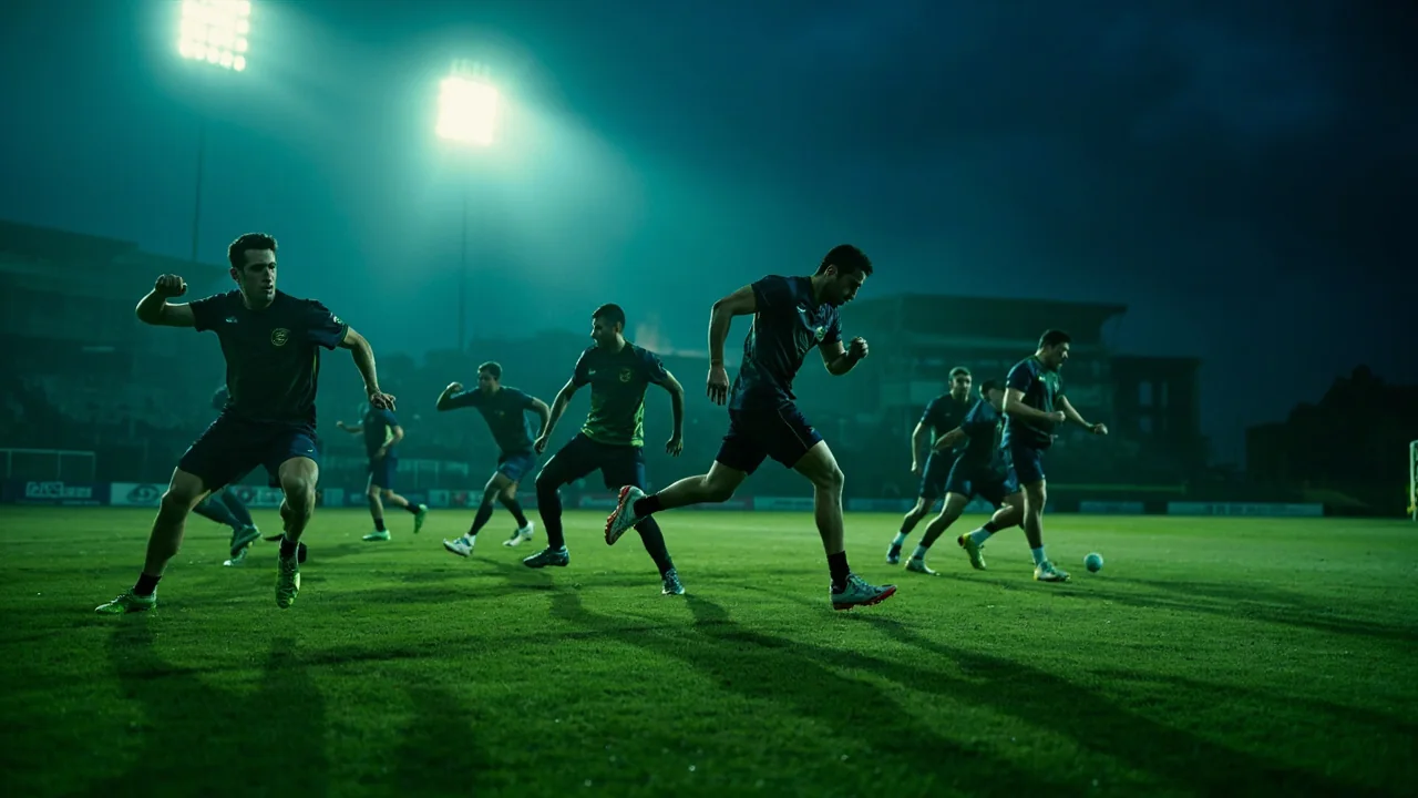 A cricket squad warming up across a floodlit outfield in staggered depth