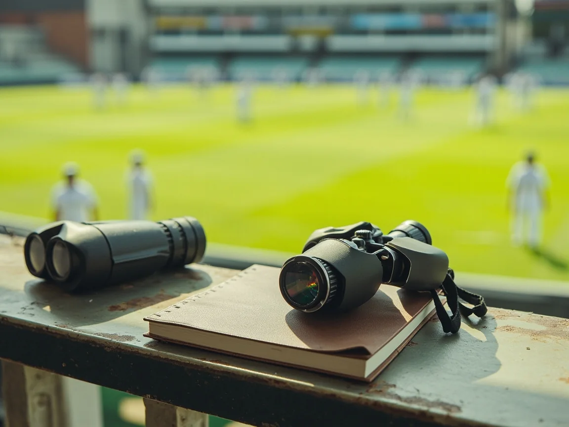 Binoculars set down beside a cricket pitch before play