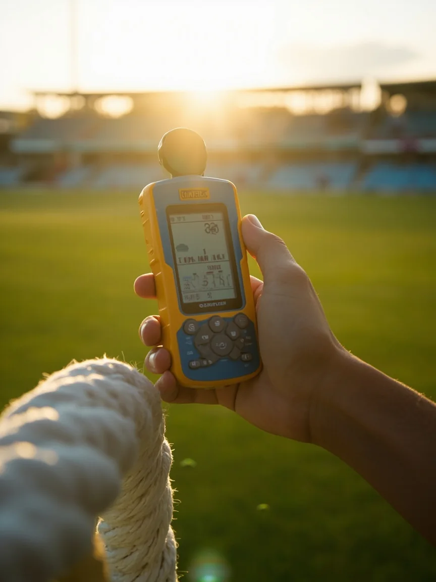 A weather meter showing readings for an outdoor cricket venue
