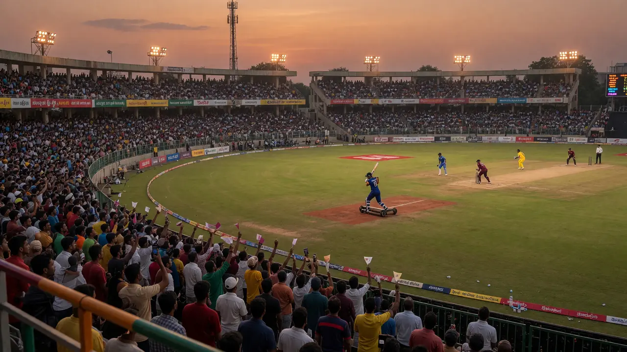 Wide evening view of a packed Hyderabad cricket stadium during a T20 league fixture