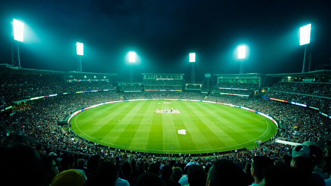 A packed international-style cricket ground during a night tournament