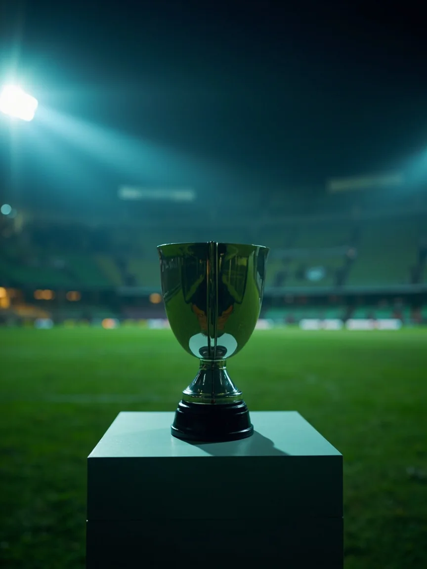 Elegant cricket trophy silhouette on a presentation plinth beside a pitch